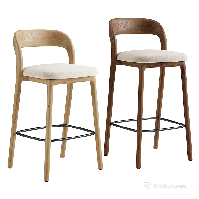 Modern Design Bar Stools With Curved Backrest Wooden Frame Upholstered Seat And Metal Footrest 3d model 