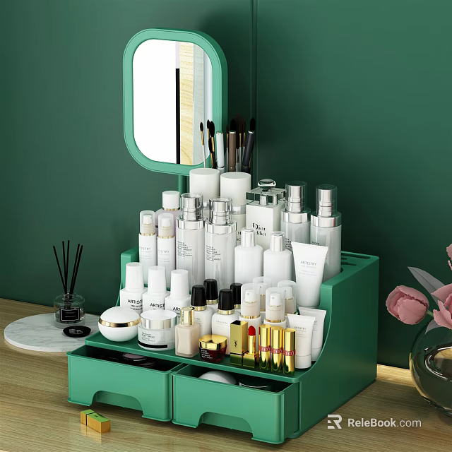 Green Cosmetic Organizer with Various Perfumes Cosmetics Bottles Brushes Aromatherapy Sticks Mirror and Pink Flowers 3d model 
