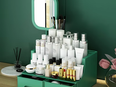 Green Cosmetic Organizer with Various Perfumes Cosmetics Bottles Brushes Aromatherapy Sticks Mirror and Pink Flowers 3d model
