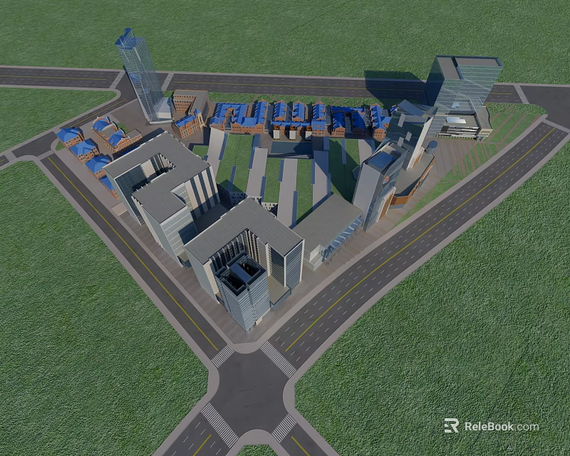 Modern Urban Commercial Landscape With Tall Buildings Roads Green Areas And Commercial Structures 3d model 