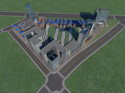 Modern Urban Commercial Landscape With Tall Buildings Roads Green Areas And Commercial Structures 3d model
