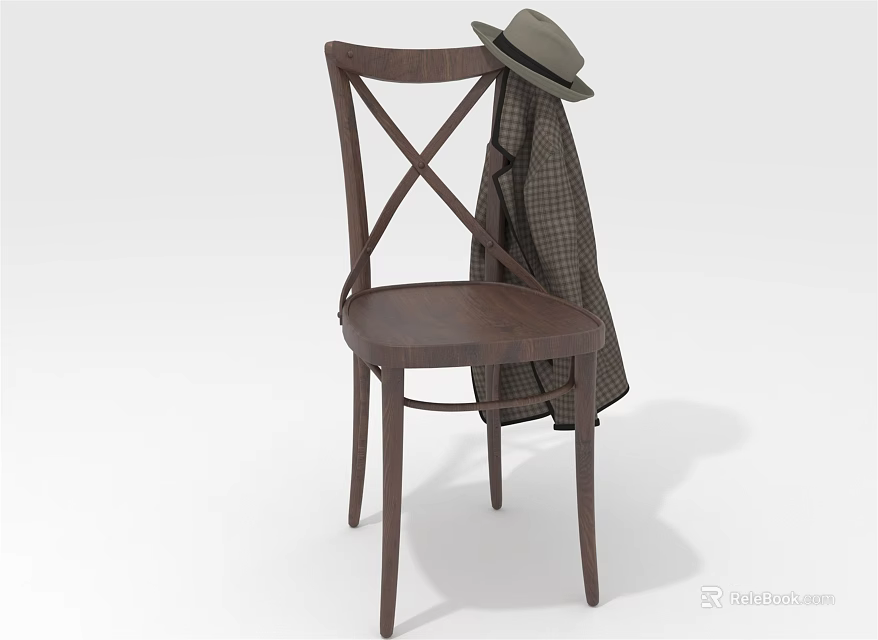 Stylish Wooden Cross Back Leisure Chair With Plaid Coat And Hat 3d model 
