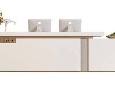 Modern Reception Desk With Logo Two Computer Monitors Decorative Deer Statue And Potted Plant 3d model