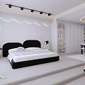 Modern Minimalist Bedroom With Black Bed Wavy Light Strips White Curtains Bookshelf And Stuffed Toys