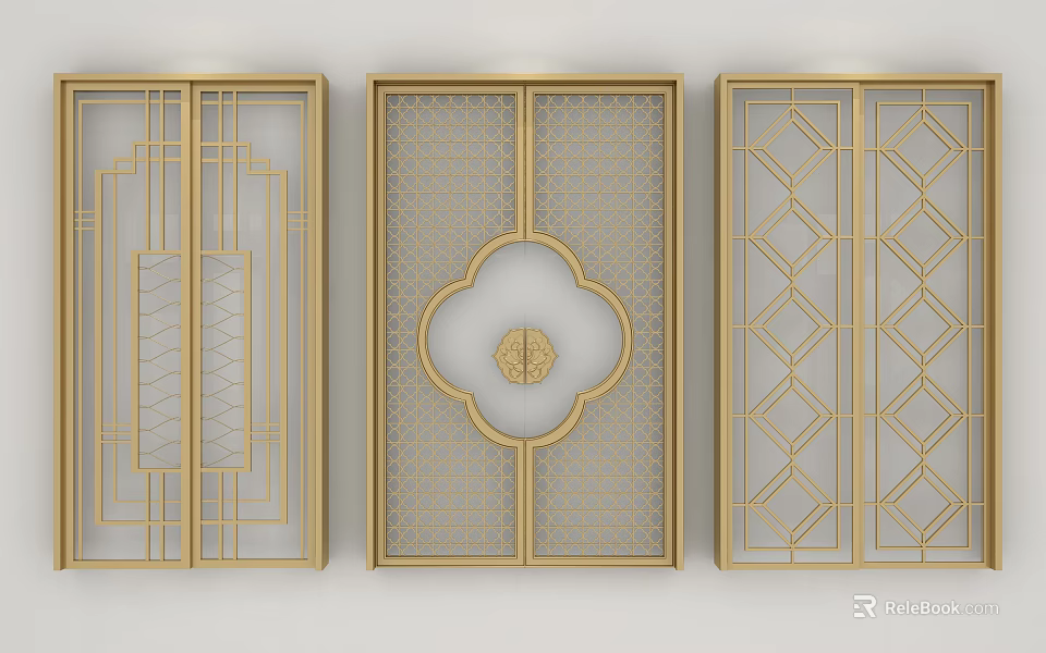 Chinese Style Sliding Doors Featuring Intricate Geometric Patterns And Golden Frames 3d model