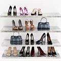 Various Style Shoes and Handbags Displayed on Multiple Marble Shelves
