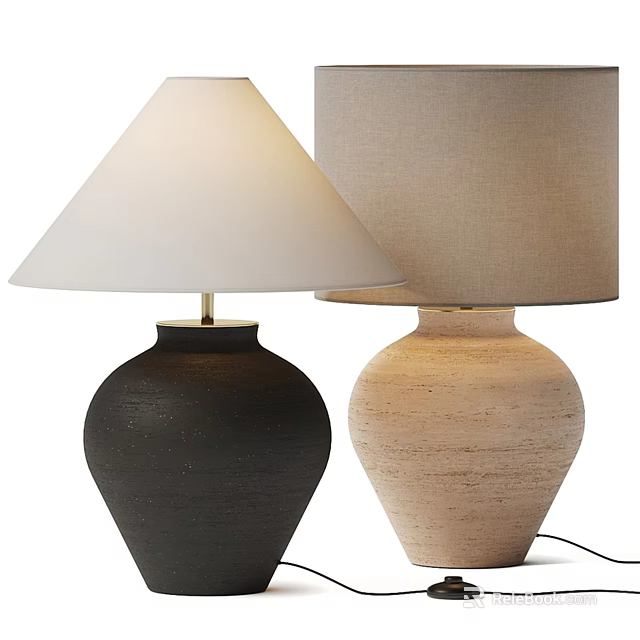 Two Table Lamps With Black And Beige Ceramic Bases And Conical Fabric Shades 3d model 