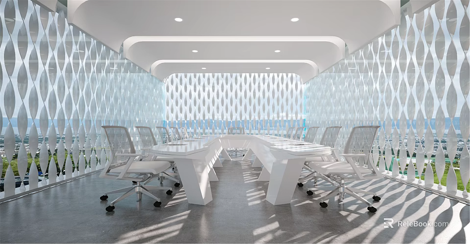Modern Conference Room Interior With Long Table White Chairs And Geometric Walls 3d model 
