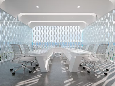 Modern Conference Room Interior With Long Table White Chairs And Geometric Walls 3d model