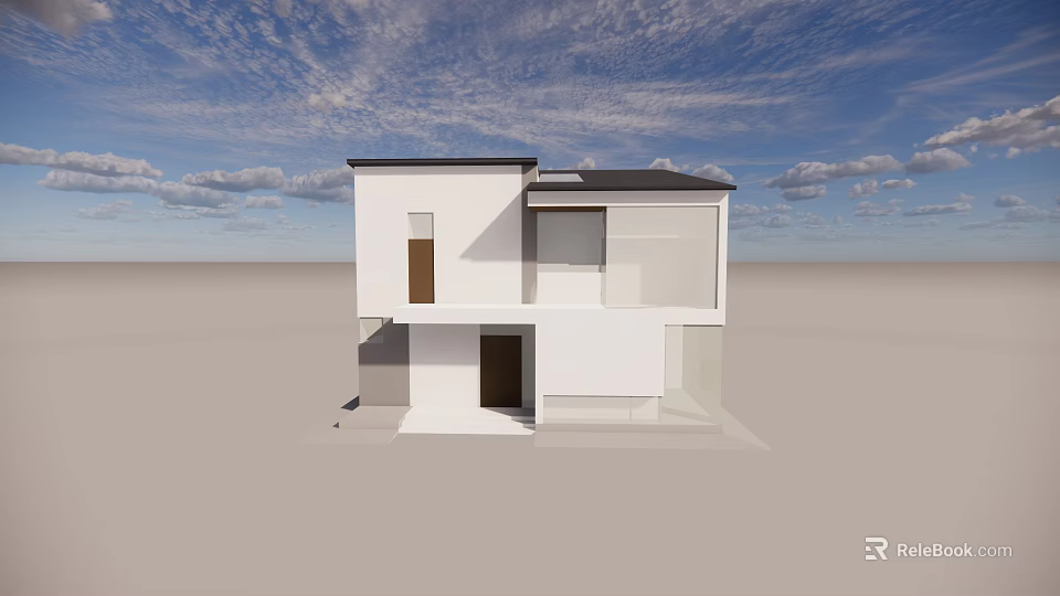 Modern Detached House With White Exterior Two Story Large Windows Dark Roof 3d model 