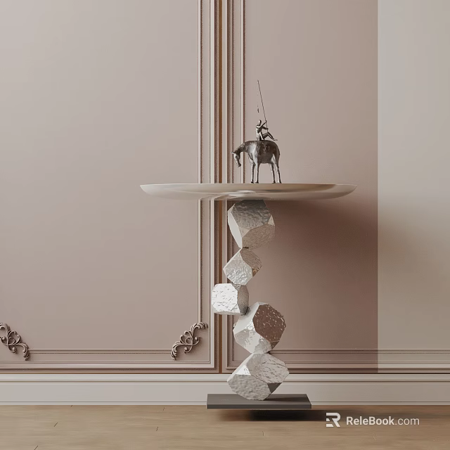 Modern Side Table With Round Tabletop And Irregular Stone Base Featuring Silver Deer Figurine 3d model