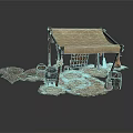 Traditional Daily Living Supplies With Tent Structure Sacks Wooden Buckets And Crates