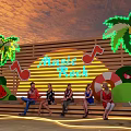 Outdoor Annie's Rock Party Scene With Neon Palm Trees Sunset And People