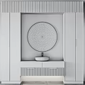 Luxury Modern Bathtub In Bathroom With Round Illuminated Mirror Gold Accents And Gray Marble Countertop