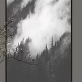 Monochrome Mountain Landscape Painting With Clouds Mist Branches In Vase And Wave Pattern Screen
