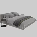 Modern Double Bed Interior With White Sheets Striped Blanket Pillows And Wooden Nightstand