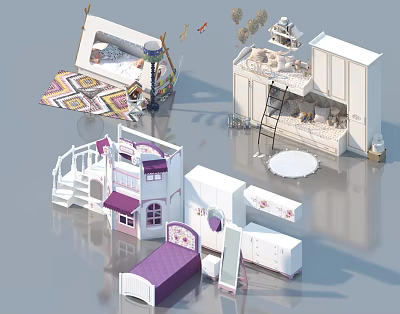 Various Kids Bed Designs Including Tent Style Bunk Bed With Stairs And Purple White Frames 3d model