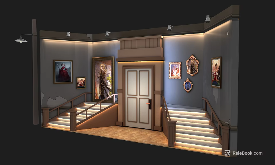 Elegant Photo Check In Spot With Staircase Door Decorative Paintings And Warm Lighting 3d model 