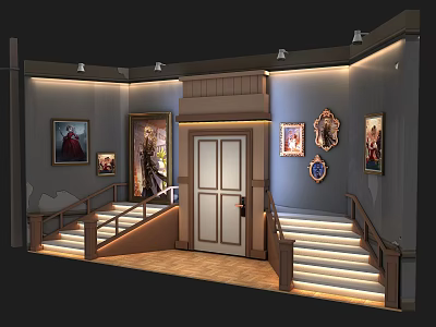 Elegant Photo Check In Spot With Staircase Door Decorative Paintings And Warm Lighting 3d model
