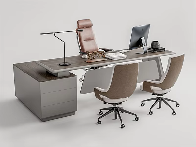 Modern Office Desk With Wooden Top Ergonomic Chair Computer Monitor And Two Visitor Chairs 3d model