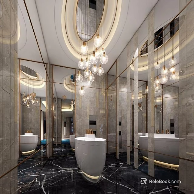 Modern Luxurious Public Restroom Interior With Marble Walls Mirrors And Chandeliers 3d model 