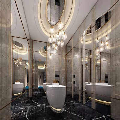 Modern Luxurious Public Restroom Interior With Marble Walls Mirrors And Chandeliers 3d model
