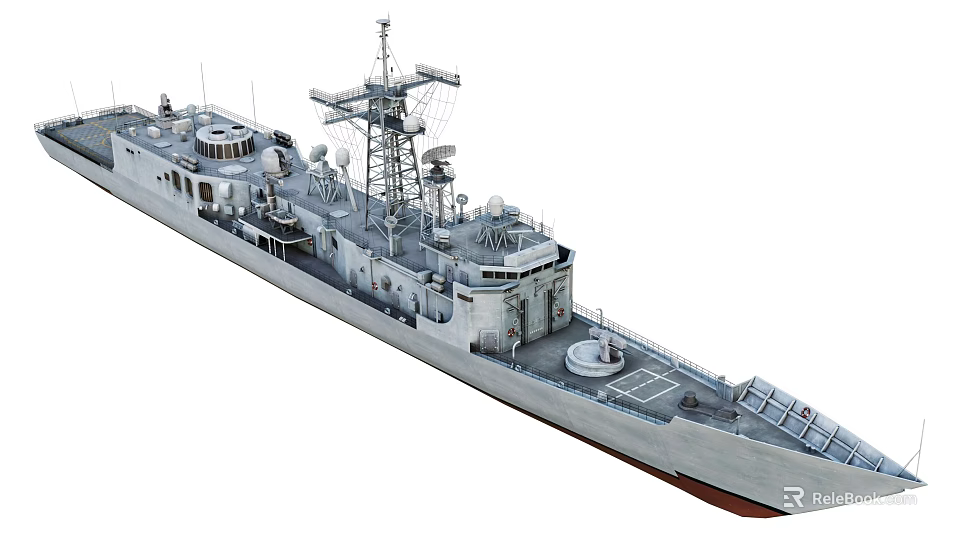 Modern Gray Naval Warship With Superstructure Radar Antennas And Deck 3d model
