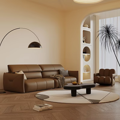 Modern Leather Sofa and Coffee Table Set with Floor Lamp Armchair Palm Tree and Display Shelf 3d model