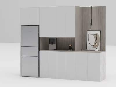 Minimalist Modern White Sideboard With Cabinets Countertop Coffee Machine And Refrigerator 3d model