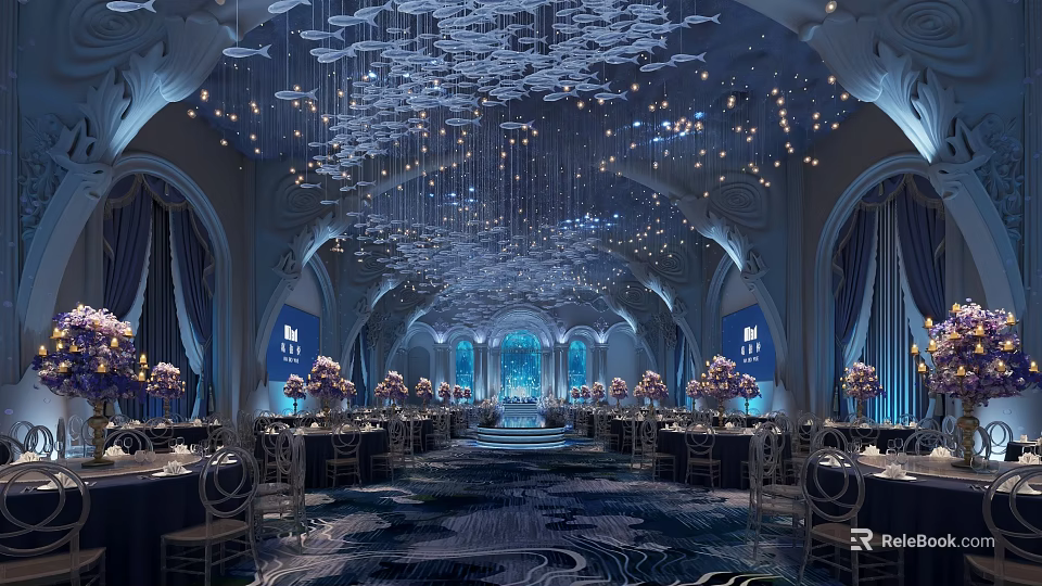 Elegant Ocean Themed Banquet Hall With Stunning Fish Shaped Ceiling Decorations For Upscale Wedding Events 3d model 