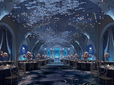 Elegant Ocean Themed Banquet Hall With Stunning Fish Shaped Ceiling Decorations For Upscale Wedding Events 3d model