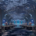 Elegant Ocean Themed Banquet Hall With Stunning Fish Shaped Ceiling Decorations For Upscale Wedding Events