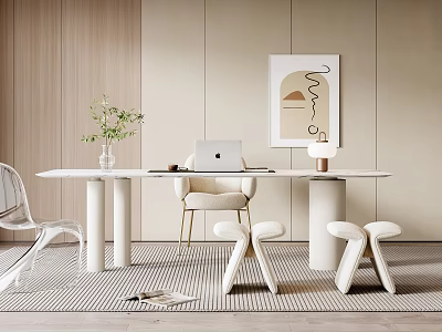Modern Minimalist Table And Chairs In Living Room With Green Plants Decorative Painting And Rug 3d model