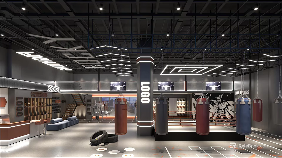 Modern Fitness Gym Training Space With Boxing Punching Bags LOGO Pillar And Lighting Design 3d model 