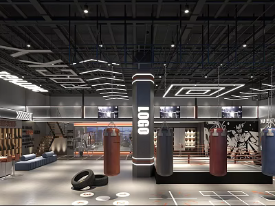 Modern Fitness Gym Training Space With Boxing Punching Bags LOGO Pillar And Lighting Design 3d model