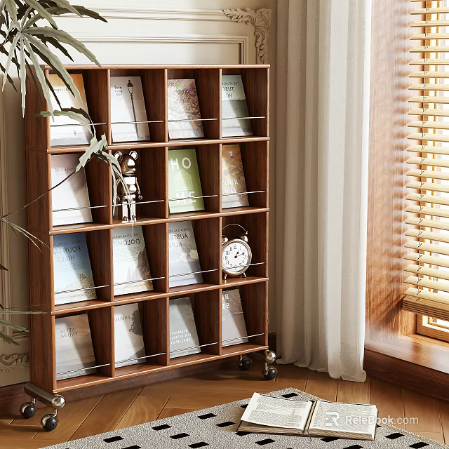 Stylish Wooden Shelf With Books Decorative Figurine Alarm Clock And Plant Near Window 3d model 