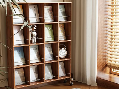 Stylish Wooden Shelf With Books Decorative Figurine Alarm Clock And Plant Near Window 3d model