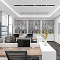 Modern Office Interior Bright Open Layout With Large Windows Desks Computers And Bookshelves 3d model