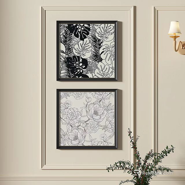 Two Black Framed Botanical Paintings with Floral Leaf Patterns on Wall Decor 3d model