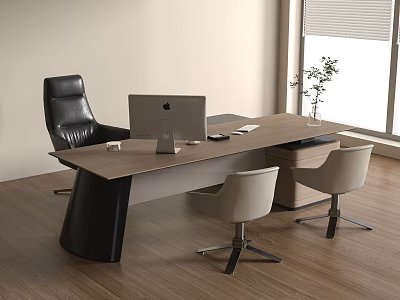 Wooden Office Desk with Black Leather Chair Laptop Cup Documents and Potted Plant 3d model