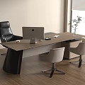 Wooden Office Desk with Black Leather Chair Laptop Cup Documents and Potted Plant