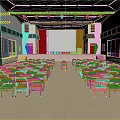 Spacious Assembly Hall Interior With Rows of Chairs Projection Screen and Red Curtains