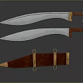 Carved Knife Sculptures Featuring Metal Blades Red Handles And Gold Decorated Sheath