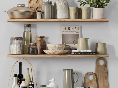 Rustic Tableware Set On Wooden Shelves With Books And Plants 3d model
