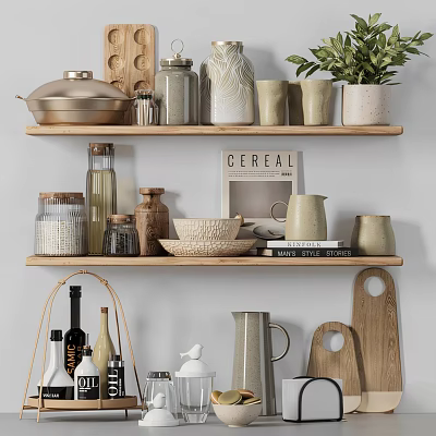 Rustic Tableware Set On Wooden Shelves With Books And Plants 3d model