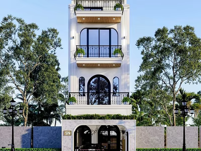 Three Story White Building Exterior With Arched Doorway And Balconies Surrounded By Green Trees 3d model