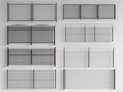 Various Metal Fence Designs with Grid Panels Decorative Tops and Simple Structures 3d model