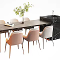 Modern Dining Table Set with Chairs Black Marble Countertop Green Plant and Book