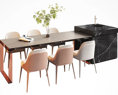Modern Dining Table Set with Chairs Black Marble Countertop Green Plant and Book 3d model