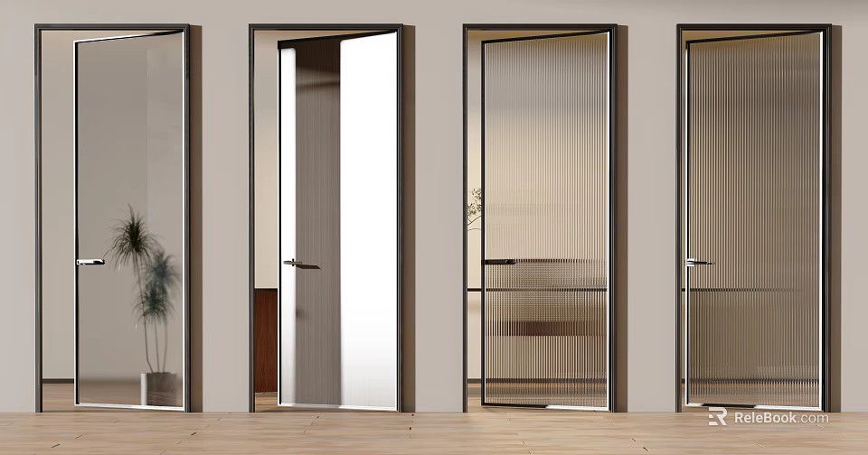 Modern Interior Hinged Doors With Black Frames And Textured Glass Panel Design 3d model